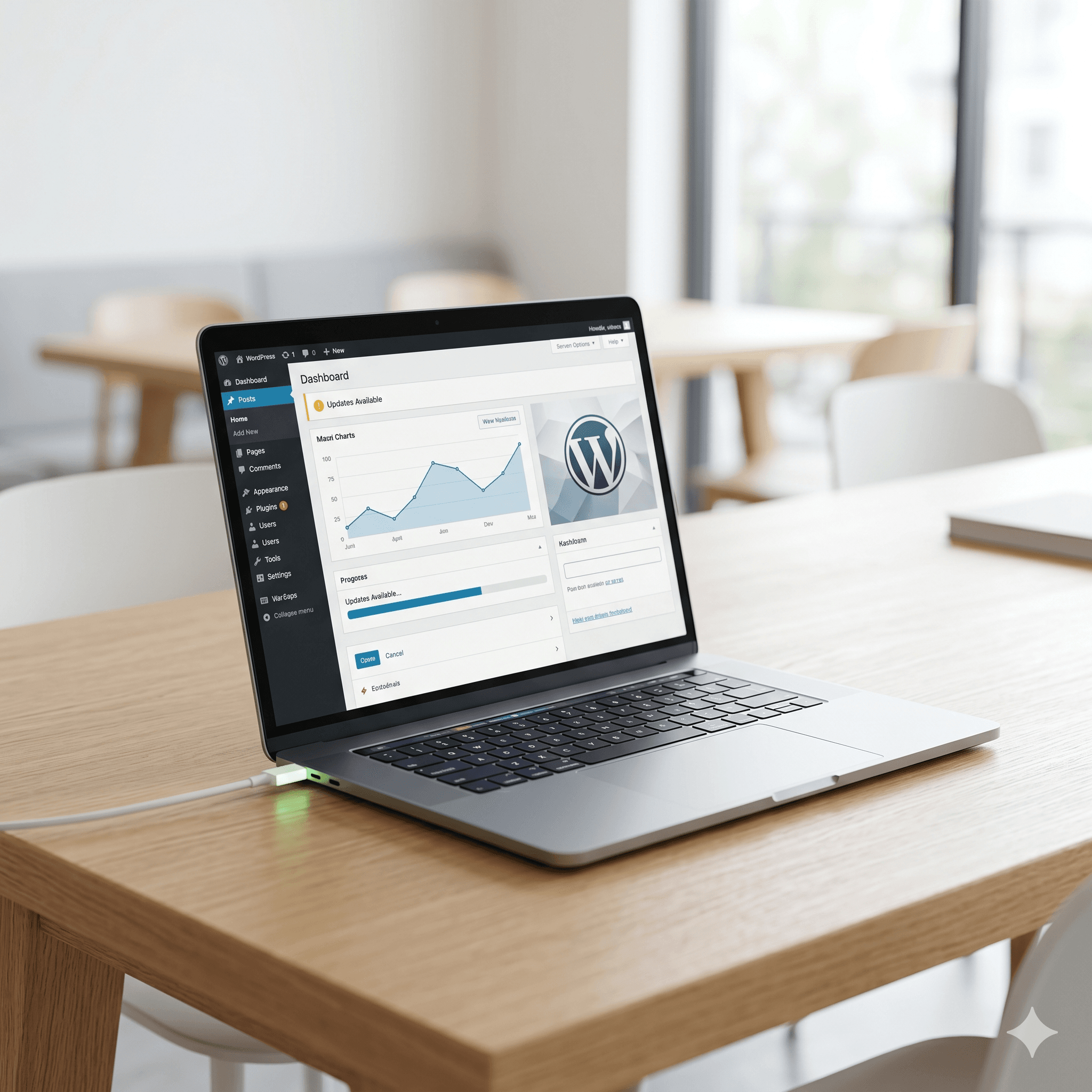 Ein moderner silberner Laptop steht geöffnet auf einem hellen Holztisch in einem hellen, minimalistischen Büro. Auf dem Bildschirm ist ein übersichtliches Software-Dashboard mit Statistiken, einem Ladebalken für Updates und dem WordPress-Logo zu sehen. Der Hintergrund ist sanft unscharf.
