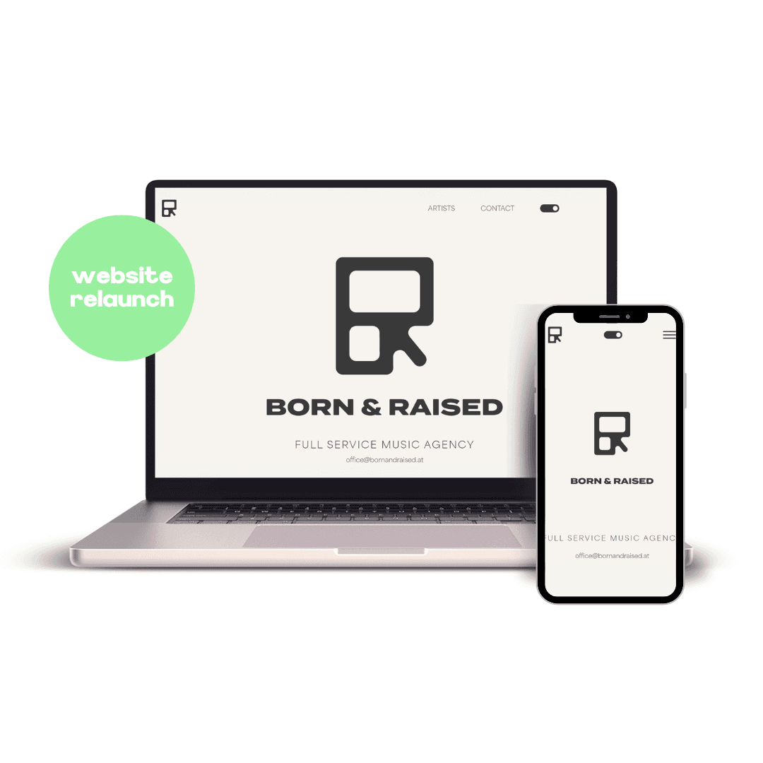 Mockup von MacBook und iPhone mit der Website für die "Born and Raised Music Agency".
